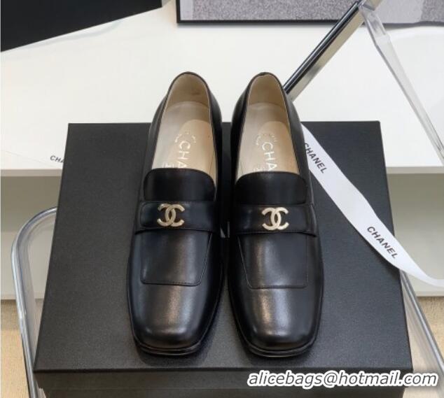 Sumptuous Chanel Leather Heel Loafers Black 060120