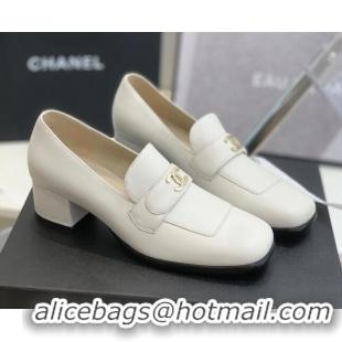 Sophisticated Chanel Leather Heel Loafers White 060121