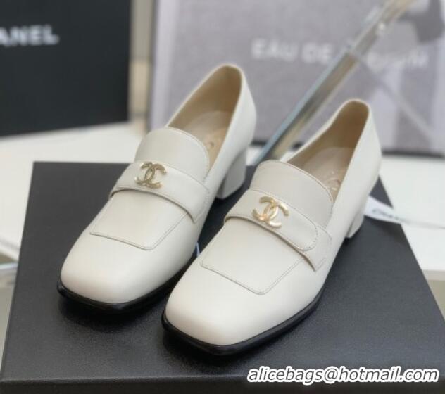 Sophisticated Chanel Leather Heel Loafers White 060121