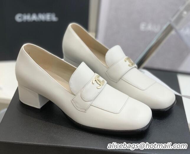 Sophisticated Chanel Leather Heel Loafers White 060121