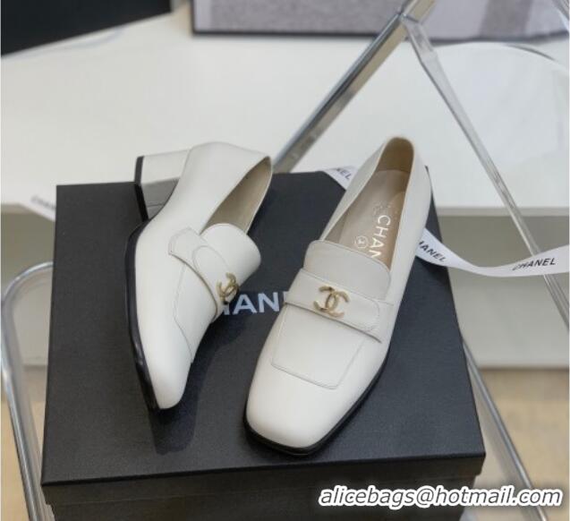 Sophisticated Chanel Leather Heel Loafers White 060121