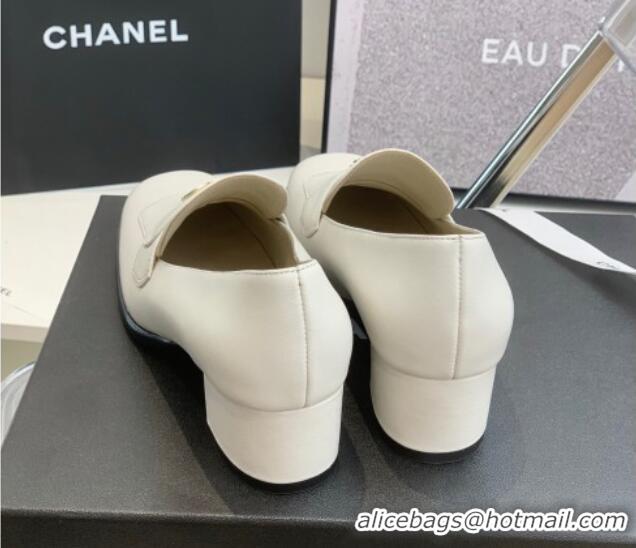 Sophisticated Chanel Leather Heel Loafers White 060121