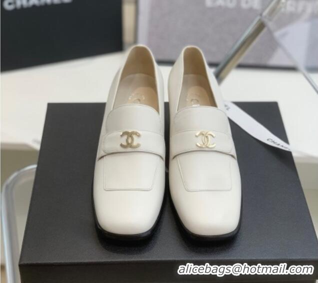 Sophisticated Chanel Leather Heel Loafers White 060121