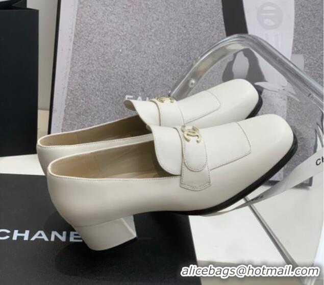 Sophisticated Chanel Leather Heel Loafers White 060121