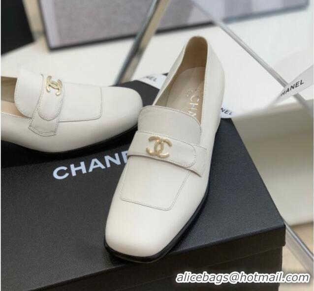 Sophisticated Chanel Leather Heel Loafers White 060121