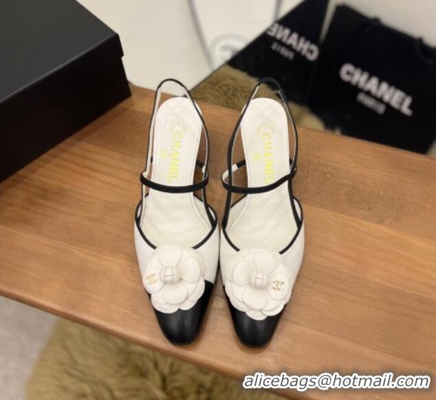 Best Grade Chanel Camellia Bloom Leather Slingack Pumps 5cm White 062067