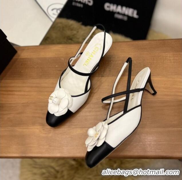 Best Grade Chanel Camellia Bloom Leather Slingack Pumps 5cm White 062067