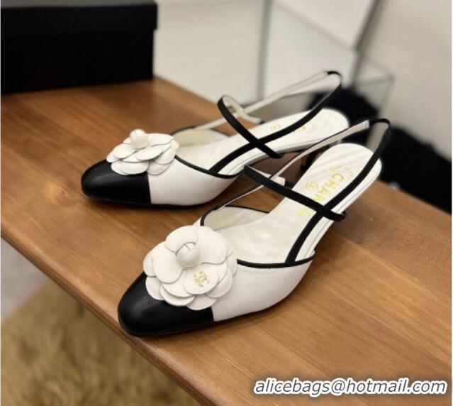 Best Grade Chanel Camellia Bloom Leather Slingack Pumps 5cm White 062067