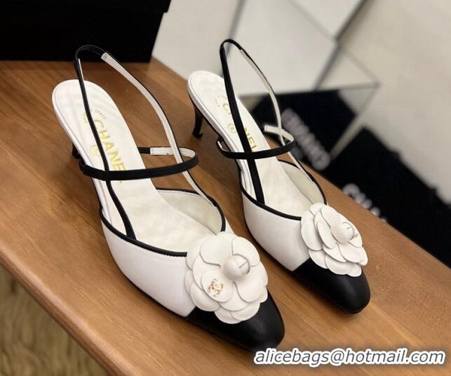 Best Grade Chanel Camellia Bloom Leather Slingack Pumps 5cm White 062067