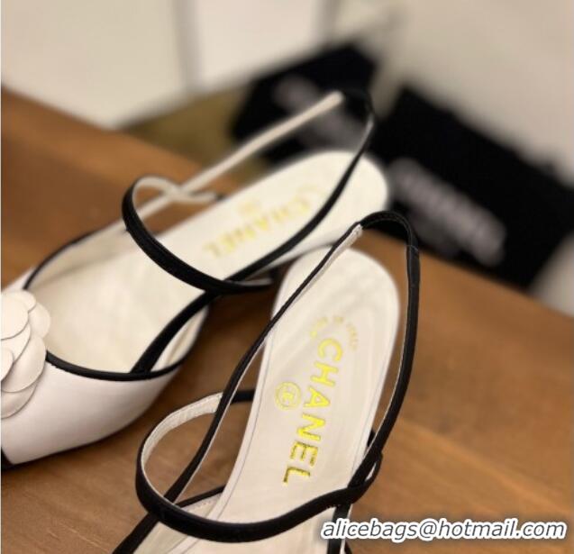 Best Grade Chanel Camellia Bloom Leather Slingack Pumps 5cm White 062067