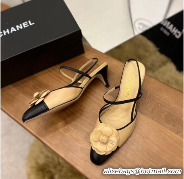 Grade Quality Chanel Camellia Bloom Leather Slingack Pumps 5cm Beige 062068