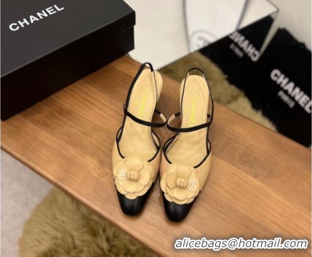 Grade Quality Chanel Camellia Bloom Leather Slingack Pumps 5cm Beige 062068