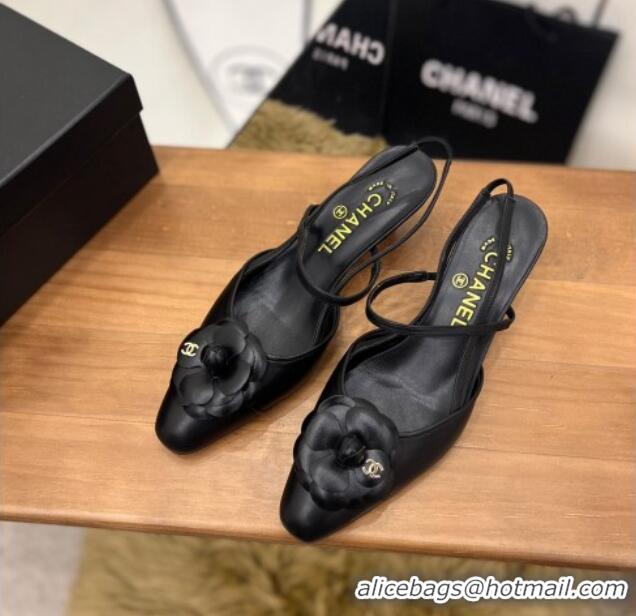 Charming Chanel Camellia Bloom Leather Slingack Pumps 5cm Black 062069