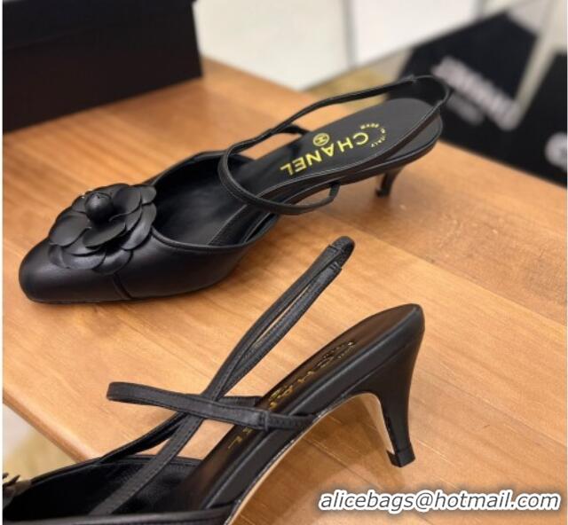 Charming Chanel Camellia Bloom Leather Slingack Pumps 5cm Black 062069