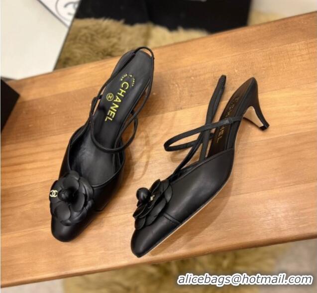 Charming Chanel Camellia Bloom Leather Slingack Pumps 5cm Black 062069