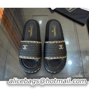 Lowest Price Chanel Chain Flat Slide Sandals Black 062070