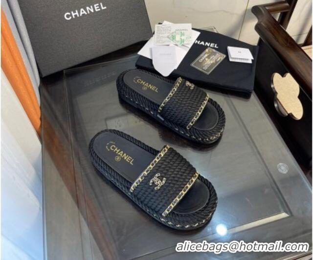 Lowest Price Chanel Chain Flat Slide Sandals Black 062070