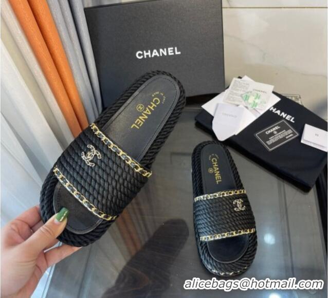 Lowest Price Chanel Chain Flat Slide Sandals Black 062070