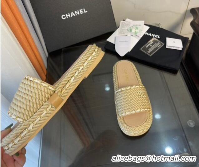 Fashion Chanel Chain Flat Slide Sandals Beige 062071