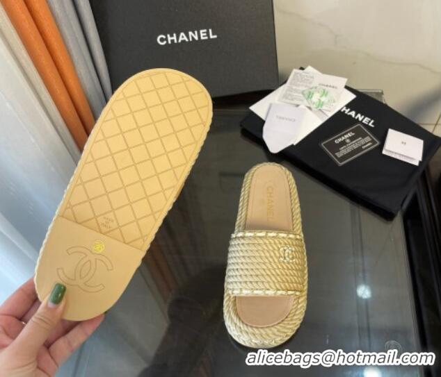 Fashion Chanel Chain Flat Slide Sandals Beige 062071