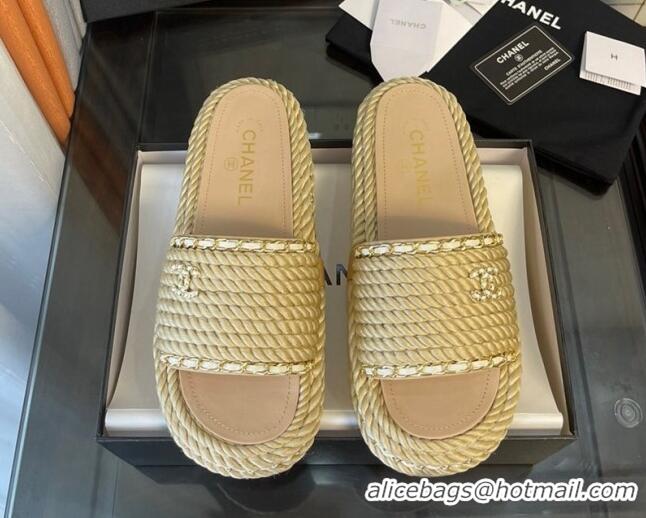 Fashion Chanel Chain Flat Slide Sandals Beige 062071