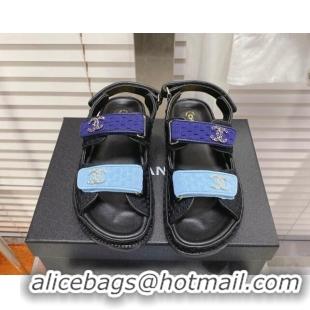 Discount Chanel Tweed Strap Flat Sandals Blue/Black G35927 062072