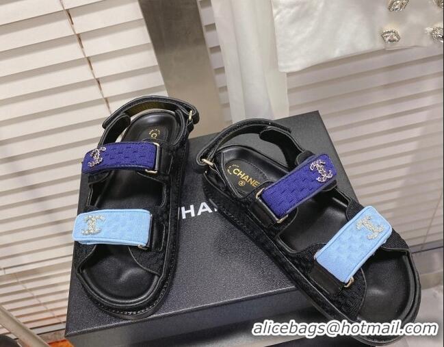 Discount Chanel Tweed Strap Flat Sandals Blue/Black G35927 062072