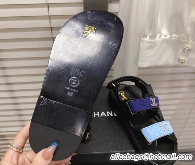 Discount Chanel Tweed Strap Flat Sandals Blue/Black G35927 062072