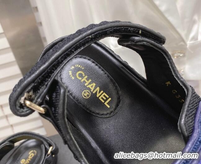 Discount Chanel Tweed Strap Flat Sandals Blue/Black G35927 062072