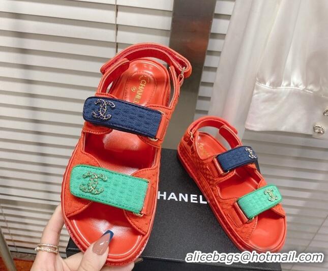 Stylish Chanel Tweed Strap Flat Sandals Red/Blue/Green G35927