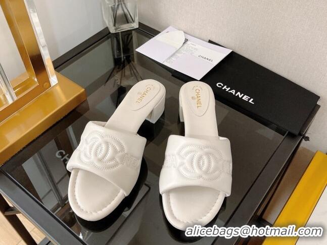 Unique Style Chanel Lambskin CC Lock Heel Slide Sandals 3.5cm White 062075 