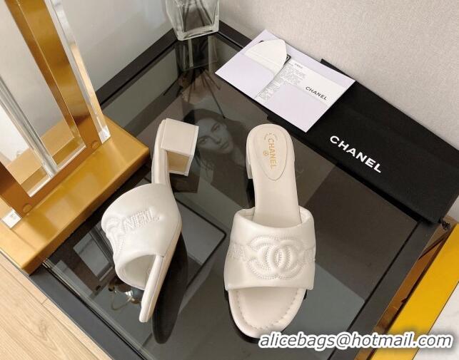 Unique Style Chanel Lambskin CC Lock Heel Slide Sandals 3.5cm White 062075 