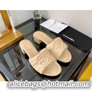 Perfect Chanel Lambskin CC Lock Heel Slide Sandals 3.5cm Beige 062076