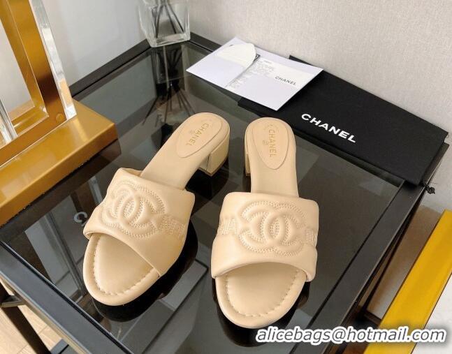 Perfect Chanel Lambskin CC Lock Heel Slide Sandals 3.5cm Beige 062076