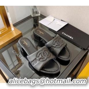 Discount Chanel Lambskin CC Lock Heel Slide Sandals 3.5cm Black 062077