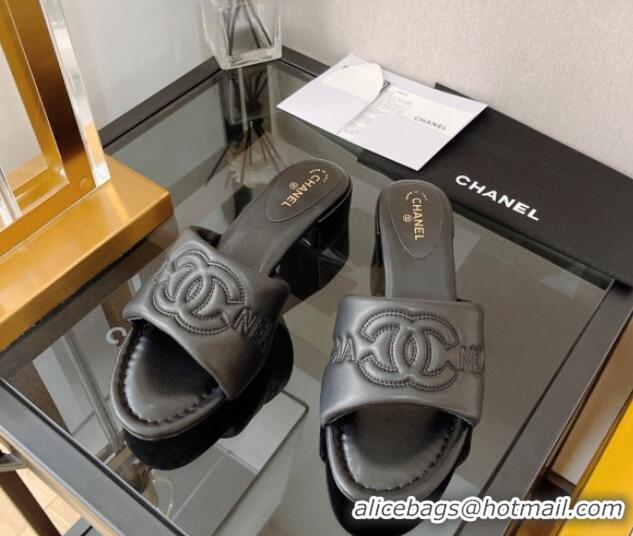 Discount Chanel Lambskin CC Lock Heel Slide Sandals 3.5cm Black 062077