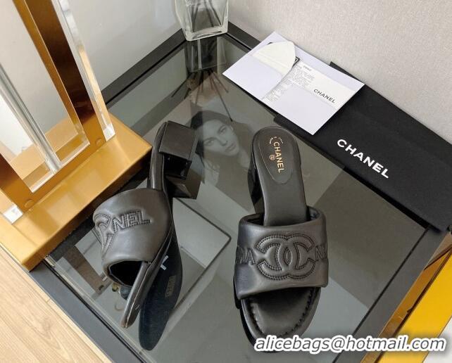 Discount Chanel Lambskin CC Lock Heel Slide Sandals 3.5cm Black 062077