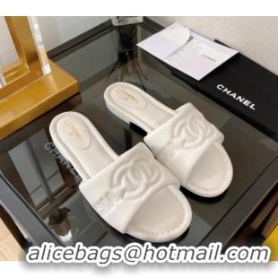 Original Cheap Chanel Lambskin CC Lock Flat Slide Sandals White 062078