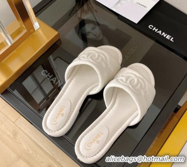 Original Cheap Chanel Lambskin CC Lock Flat Slide Sandals White 062078