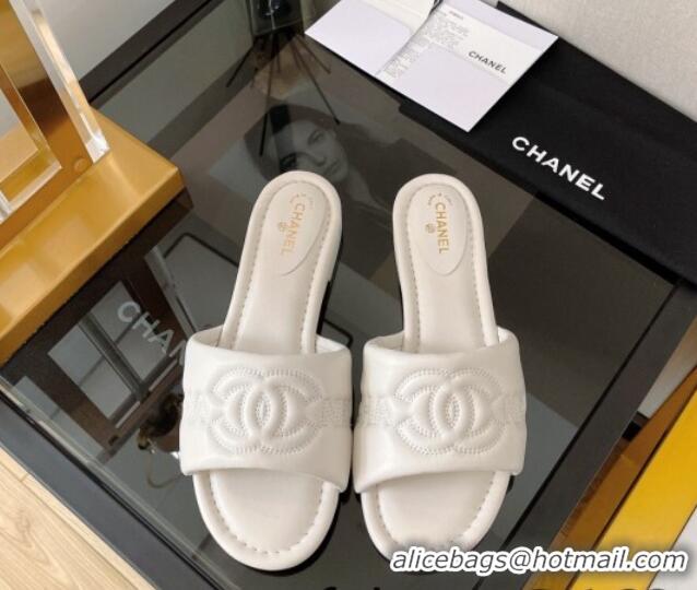 Original Cheap Chanel Lambskin CC Lock Flat Slide Sandals White 062078