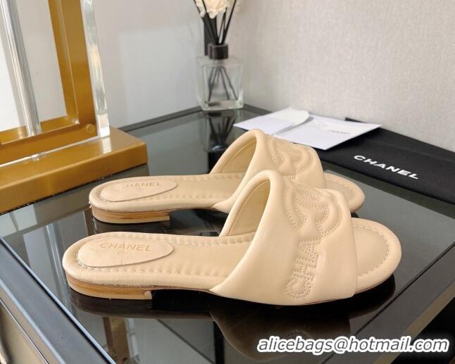 Best Price Chanel Lambskin CC Lock Flat Slide Sandals Beige 062079