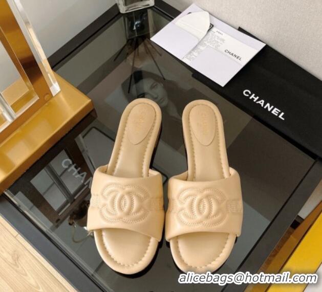 Best Price Chanel Lambskin CC Lock Flat Slide Sandals Beige 062079