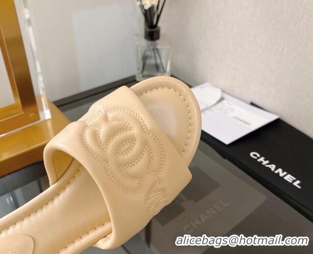 Best Price Chanel Lambskin CC Lock Flat Slide Sandals Beige 062079