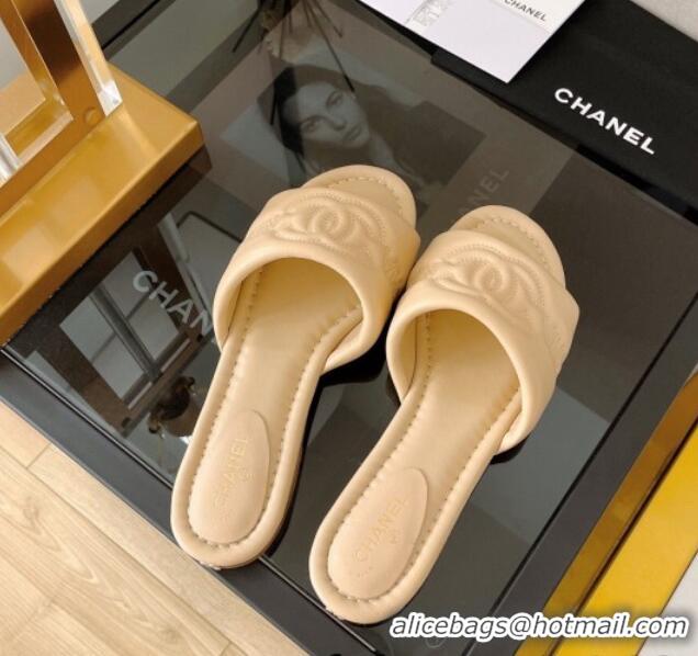 Best Price Chanel Lambskin CC Lock Flat Slide Sandals Beige 062079