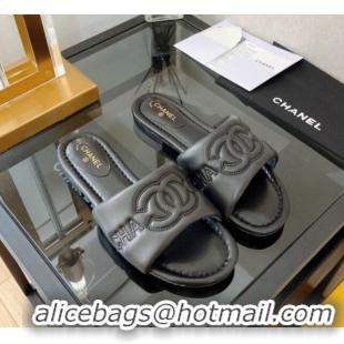 Shop Duplicate Chanel Lambskin CC Lock Flat Slide Sandals Black 062080