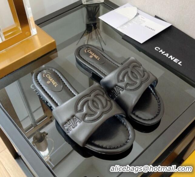 Shop Duplicate Chanel Lambskin CC Lock Flat Slide Sandals Black 062080