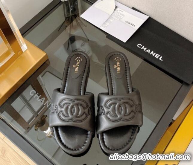 Shop Duplicate Chanel Lambskin CC Lock Flat Slide Sandals Black 062080