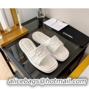 Lowest Cost Chanel Lambskin CC Lock Flat Slide Sandals White 062081