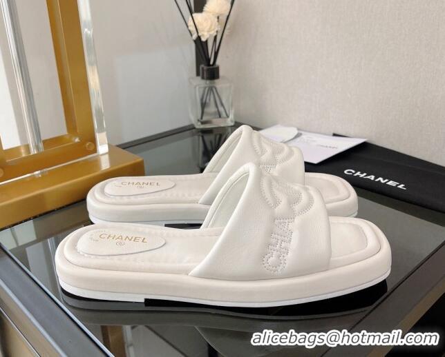 Lowest Cost Chanel Lambskin CC Lock Flat Slide Sandals White 062081