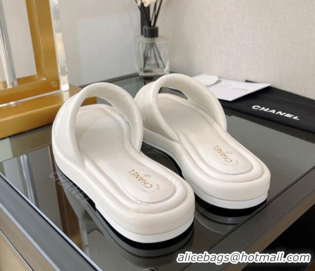 Lowest Cost Chanel Lambskin CC Lock Flat Slide Sandals White 062081